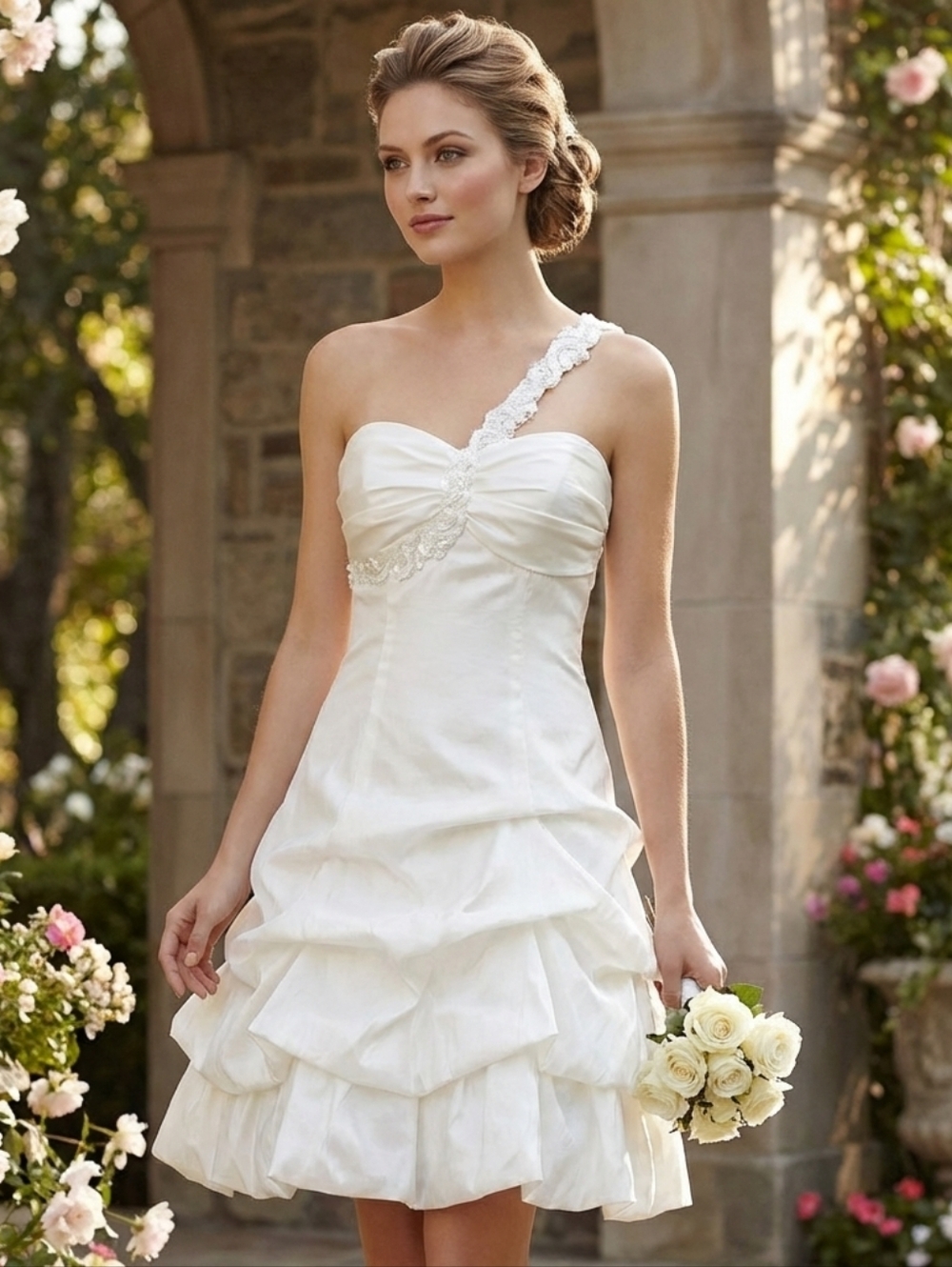 Windsor Vintage White One-Shoulder Sweatheart Neckline Sequin Puffy Cloud Dress